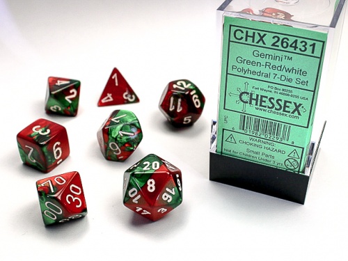 Gemini Polyhedral Green-Red/White Dice Set
