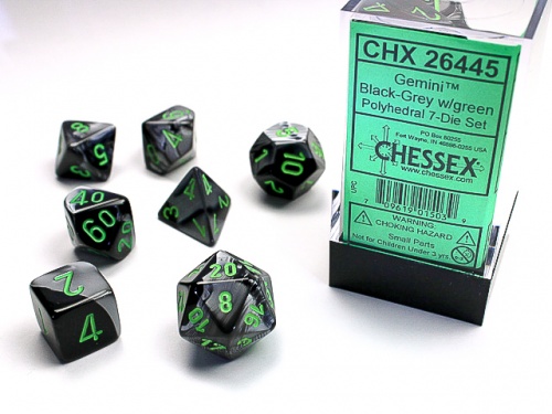 Gemini Polyhedral Black-Grey/Green Dice Set